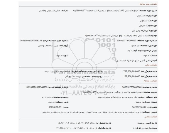 مزایده،   پلاک ثبتی 2375 باقیمانده   واقع در بخش 5 ثبت اصفهان**0300419ج4