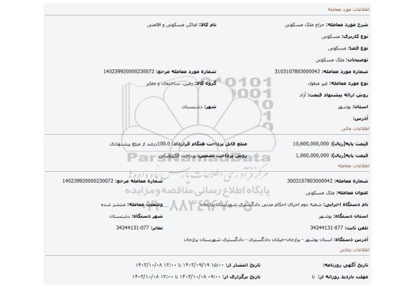 مزایده، ملک مسکونی