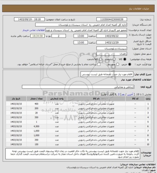 استعلام اقلام مورد نیاز جهت تلفنخانه طبق لیست پیوستی