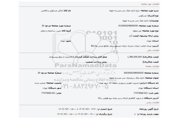 مزایده، اجاره ملک جنب مدرسه علویه