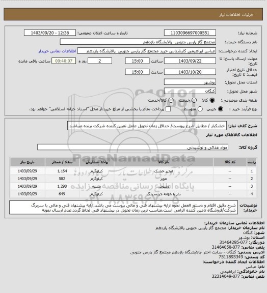 استعلام خشکبار / مطابق شرح پیوست/ حداقل زمان تحویل عامل تعیین کننده شرکت برنده میباشد