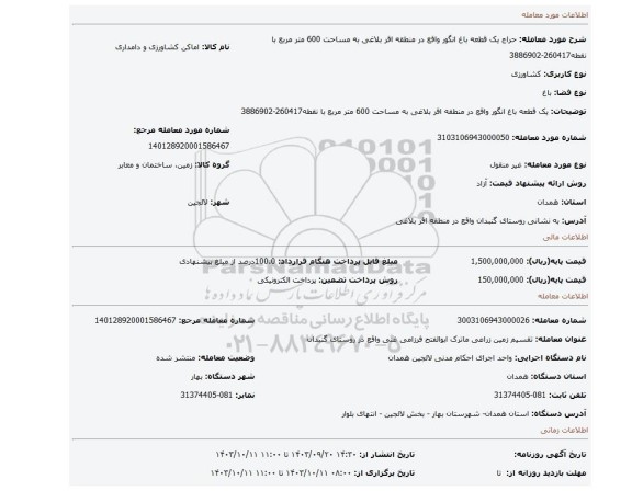 مزایده، یک قطعه باغ انگور واقع در منطقه اقر بلاغی به مساحت 600 متر مربع با نقطه260417-3886902