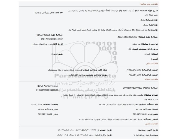 مزایده، یک باب مغازه واقع در میدان آرامگاه بوعلی ابتدای پیاده راه بوعلی  پاساژ شهر شب طبقه اول