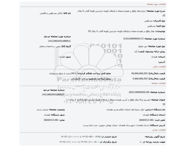 مزایده، ملک واقع  در  همدان،محله شالبافان،کوچه حشنتی،کوچه آفتاب 3 پلاک 35