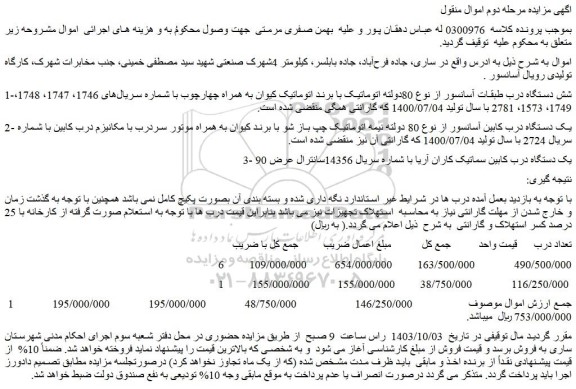 مزایده شش دستگاه درب طبقات آسانسور از نوع 80دولته اتوماتیک با برند اتوماتیک کیوان و...