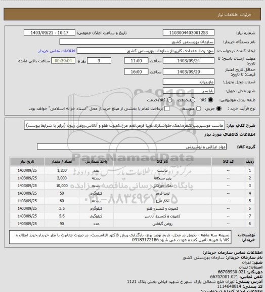 استعلام ماست موسیر،پنیرتکنفره،نمک،حلواشکری،لوبیا قرمز،تخم مرغ،کمپوت هلو و آناناس،روغن زیتون (برابر با شرایط پیوست)