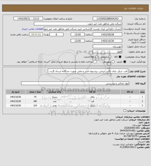 استعلام قند، شکر، چای پاکتی ایرانی. پیشنهاد فنی و مالی بصورت جداگانه ارسال گردد.