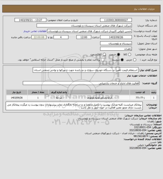 استعلام استعلام قیمت تامین دو دستگاه خودروی سواری و دو راننده جهت شهرکها و نواحی صنعتی استان