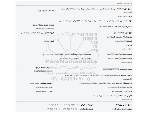 مزایده، حراج قوه قضاییه فروش یکدستگاه خودروی سواری پیکان مدل1375وفق نظریه کارشناسی