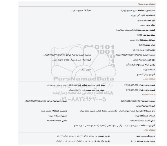 مزایده، خودرو پژو اریان