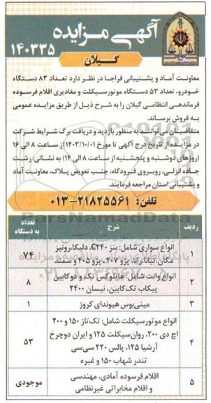 مزایده تعداد 83 دستگاه خودرو، تعداد 53 دستگاه موتورسیکلت 