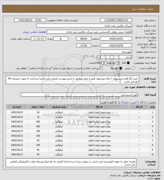 استعلام خرید 22 قلم استد بولت / ارائه پیشنهاد فنی و مالی مطابق با شرح پیوست الزامی می باشد/ پرداخت به صورت اعتباری 45 روز می باشد