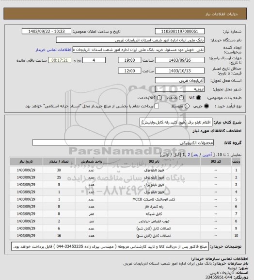 استعلام اقلام تابلو برق (فیوز،کلید،رله،کابل،وارنیش)