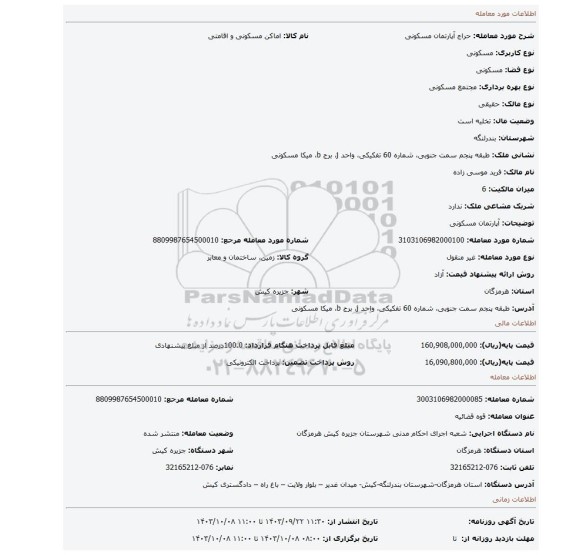 مزایده، آپارتمان مسکونی