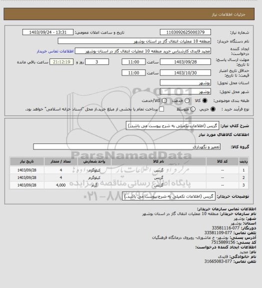 استعلام گریس  (اطلاعات تکمیلی به شرح پیوست می باشد.)