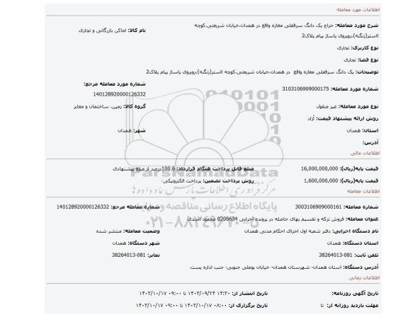 مزایده، یک دانگ سرقفلی مغازه واقع  در همدان،خیابان شریعتی،کوچه ااستر(زنگنه)،روبروی پاساژ پیام پلاک2