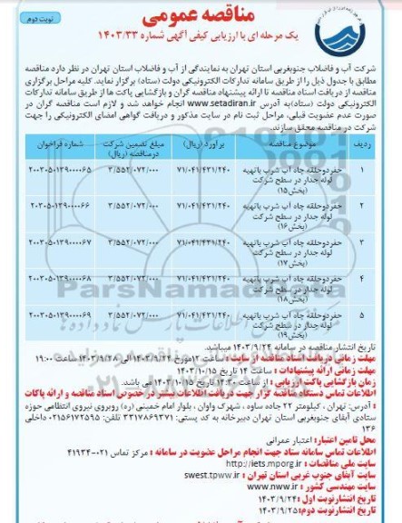 مناقصه حفر دو حلقه چاه آب شرب- نوبت دوم 