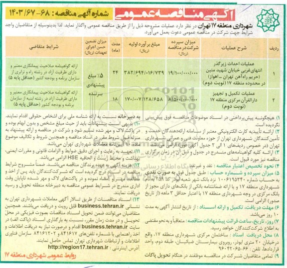 مناقصه عملیات احداث زیرگذر انتهای غربی خیابان شهید متین و ... 