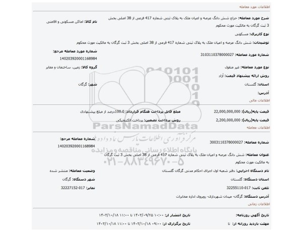 مزایده، شش دانگ عرصه و اعیان ملک به پلاک ثبتی شماره 417 فرعی از 38 اصلی بخش 3 ثبت گرگان به مالکیت مورث محکوم