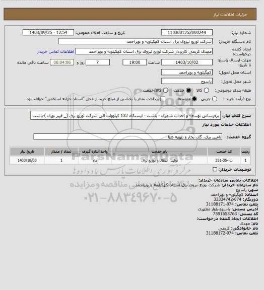 استعلام برقرسانی توسعه و احداث شهری - باشت - ایستکاه 132 کیلوولت الی شرکت توریع برق (_ فیبر نوری )-باشت