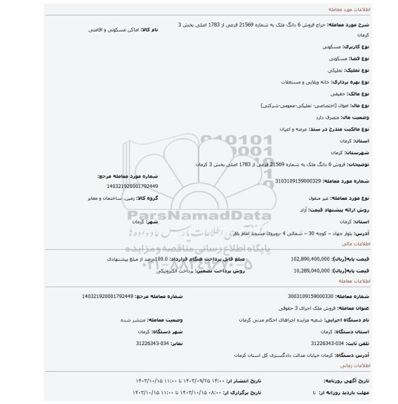 مزایده، فروش 6 دانگ ملک به شماره 21569  فرعی از 1783 اصلی بخش 3  کرمان