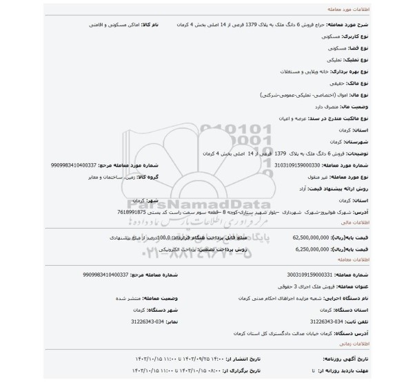 مزایده، فروش 6 دانگ ملک به  پلاک  1379  فرعی از 14  اصلی بخش 4 کرمان