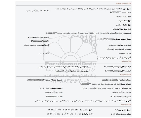 مزایده، شش دانگ مغازه پلاک ثبتی 20 فرعی از 2368 اصلی بخش 5 حوزه ثبت ملک جنوب اصفهان**0300183ج4