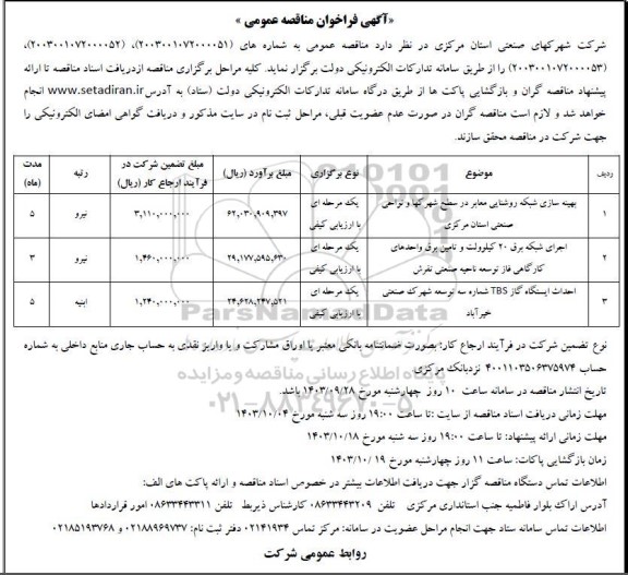 فراخوان مناقصه بهینه سازی شبکه روشنایی معابر در سطح شهرکها و نواحی صنعتی....