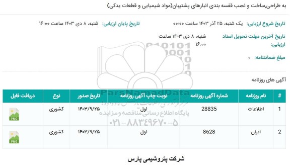 مناقصه طراحی، ساخت و نصب قفسه بندی انبارهای پشتیبان (مواد شیمیایی و قطعات یدکی) 