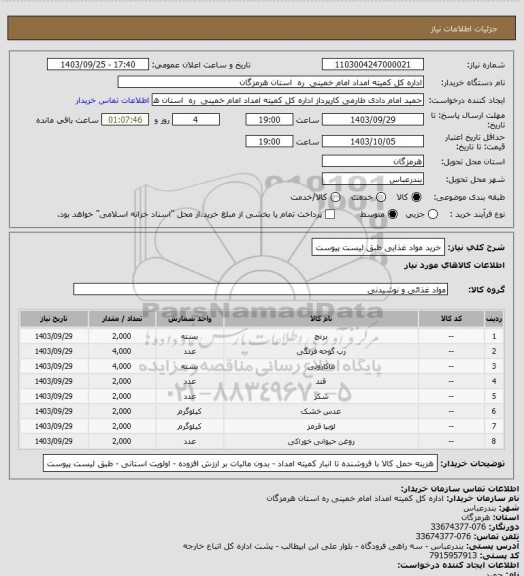 استعلام خرید مواد غذایی طبق لیست پیوست