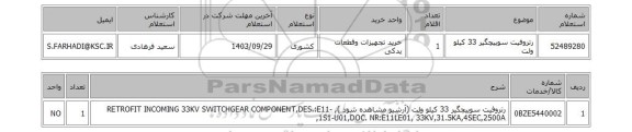 استعلام رتروفیت سوییچگیر 33 کیلو ولت