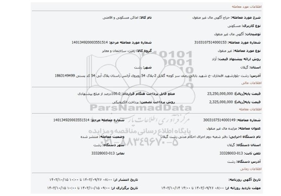 مزایده، آگهی  مال غیر منقول