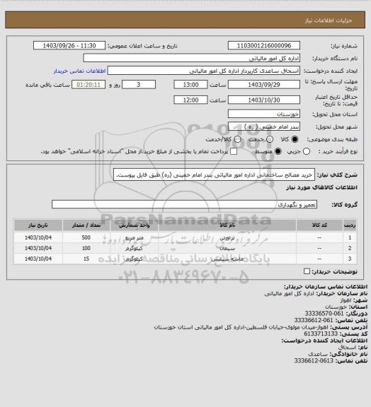 استعلام خرید مصالح ساختمانی اداره امور مالیاتی بندر امام خمینی (ره) طبق فایل پیوست.