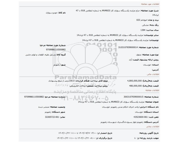 مزایده، مزایده یکدستگاه سواری کار MVMX33 به شماره انتظامی 918 ن 47 ایران14