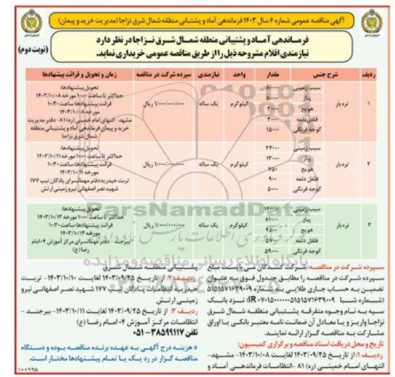 مناقصه خریداری تره بار - نوبت دوم 