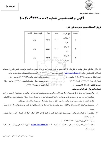 مزایده فروش 3 دستگاه خودرو فرسوده