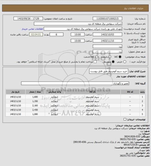 استعلام خرید سیم آلومینیوم طبق فایل پیوست