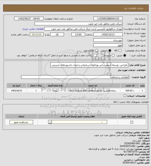 استعلام طراحی، توسعه و بروزرسانی پورتالهای سازمانی و ایجاد داشبوردهای مدیریتی