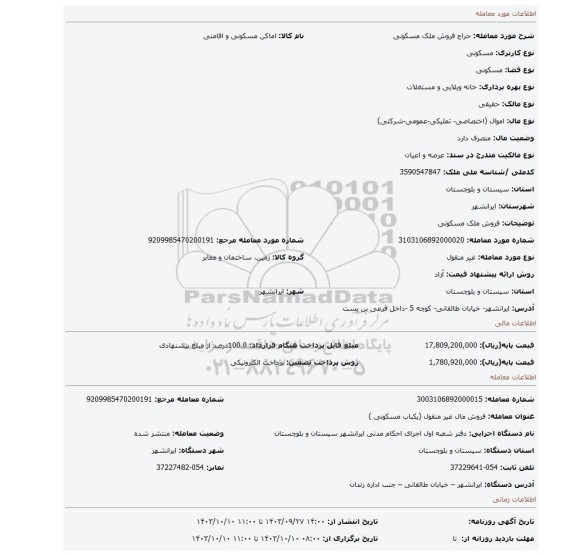 مزایده، فروش ملک مسکونی