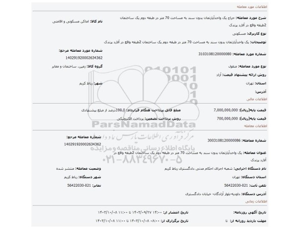 مزایده، یک واحدآپارتمان بدون سند به مساحت 70 متر در طبقه دوم یک ساختمان 2طبقه واقع در آلارد پرندک