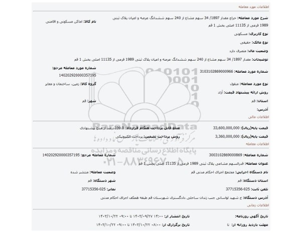 مزایده، مقدار 1897/ 34 سهم مشاع از 240 سهم ششدانگ عرصه و اعیان پلاک ثبتی 1989 فرعی از 11135 اصلی بخش 1 قم