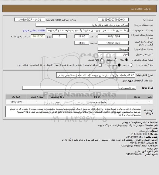 استعلام 22 قلم ولدولت وتردولت طبق شرح پیوست (ساخت داخل مدنظرمی باشد)