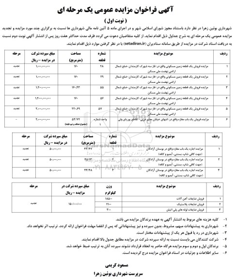 مزایده فروش 6 قطعه زمین مسکونی، 3 باب مغازه و.... 