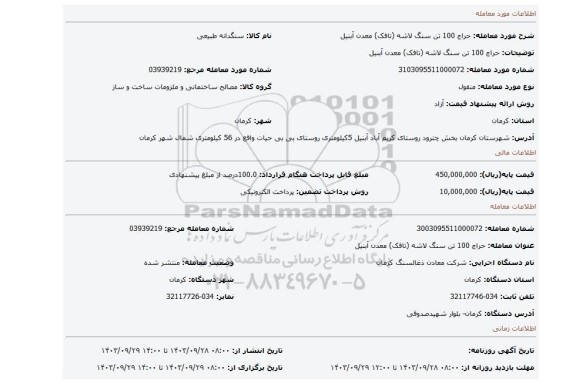 مزایده، حراج 100 تن سنگ لاشه (تافک) معدن آبنیل