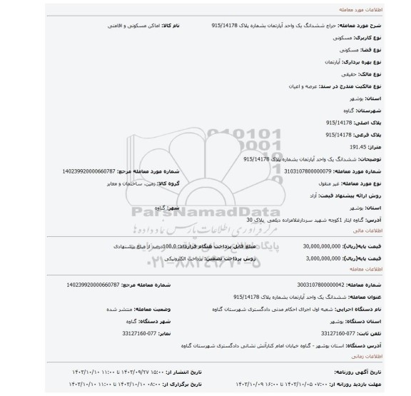 مزایده، ششدانگ یک واحد آپارتمان بشماره پلاک 915/14178