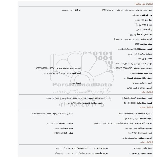 مزایده، سواری پژو روا مشکی مدل 1387