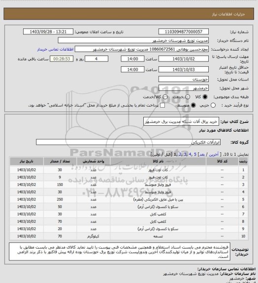 استعلام خرید یراق آلات شبکه مدیریت برق خرمشهر