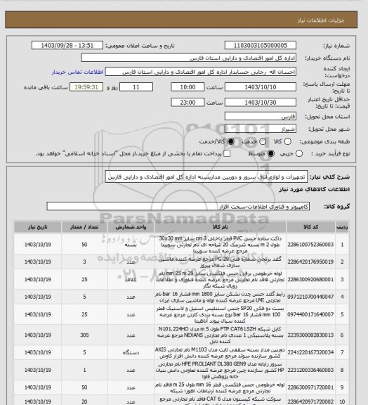 استعلام تجهیزات و لوازم اتاق سرور و دوربین مداربسته اداره کل امور اقتصادی و دارایی فارس