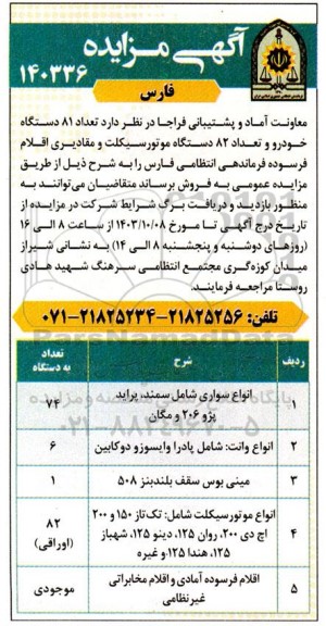 مزایده تعداد 81 دستگاه خودرو و تعداد 82 دستگاه موتورسیکلت و مقادیری