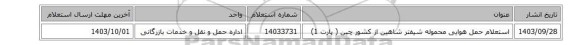 استعلام حمل هوایی  محموله شیفتر شاهین از کشور چین ( پارت 1)